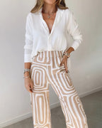 Women's 2-Piece Suit Set Lapel Shirt Wide Leg Pants Printed