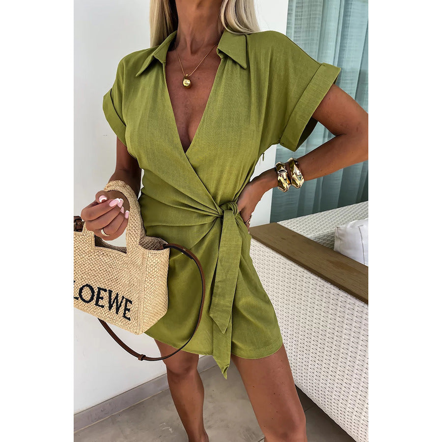 Lace-Up Collar Jumpsuit Romper Shorts Casual Vacation One Piece