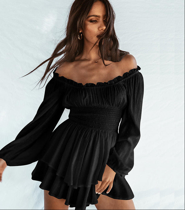Off-Shoulder Pleated Ruffled Romper Long Sleeve Wide Leg Jumpsuit