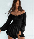 Off-Shoulder Pleated Ruffled Romper Long Sleeve Wide Leg Jumpsuit