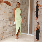 Women's Halter Backless Maxi Dress High Slit Bodycon Evening Party Long Dress
