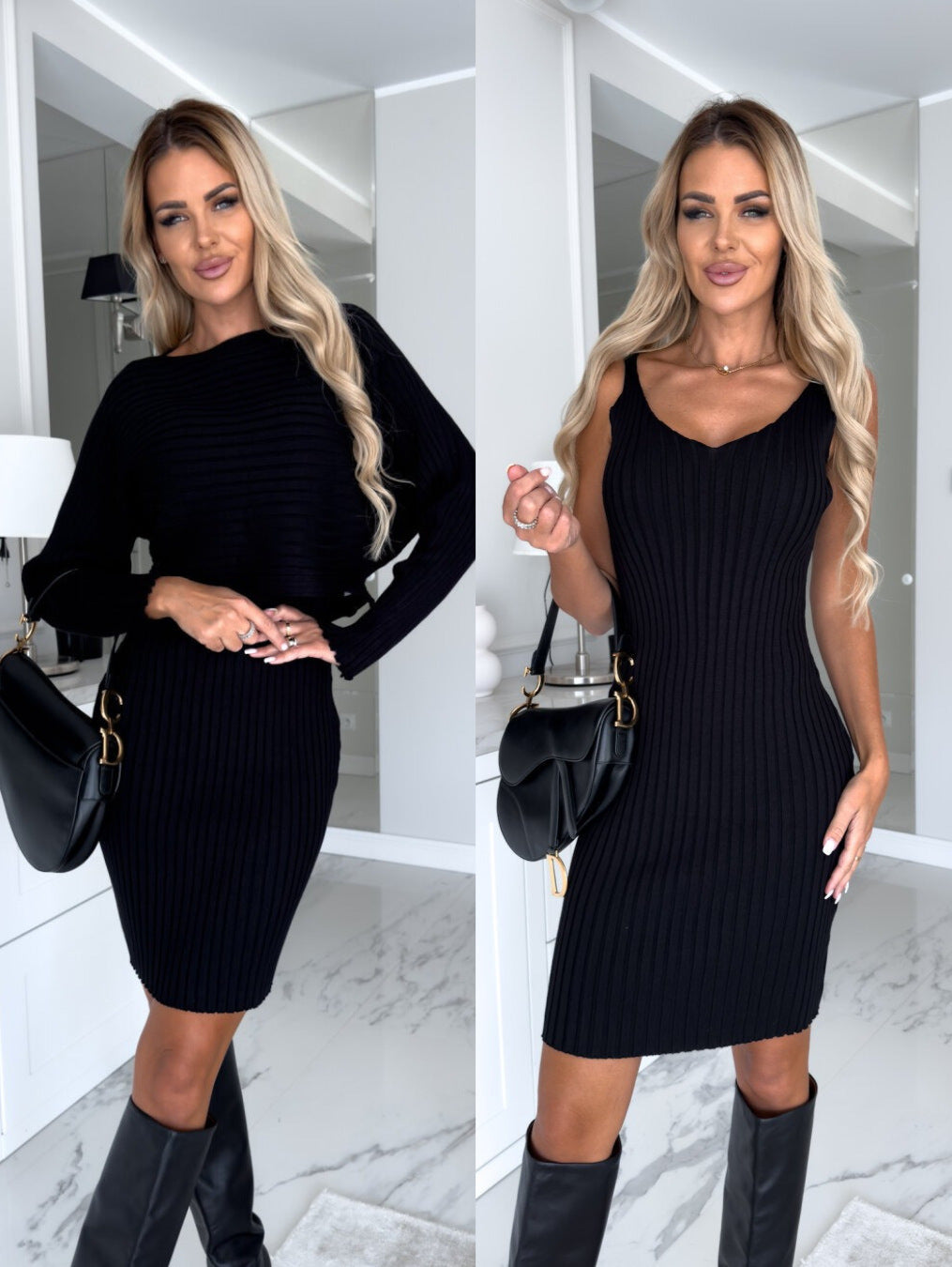 Women's Ribbed Stripe Long Sleeve Top Suspender Skirt 2 Piece Set