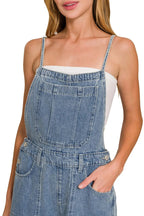 Sarah Express Women's Wide Leg Denim Overalls - Medium Wash Cotton for Casual & Weekend