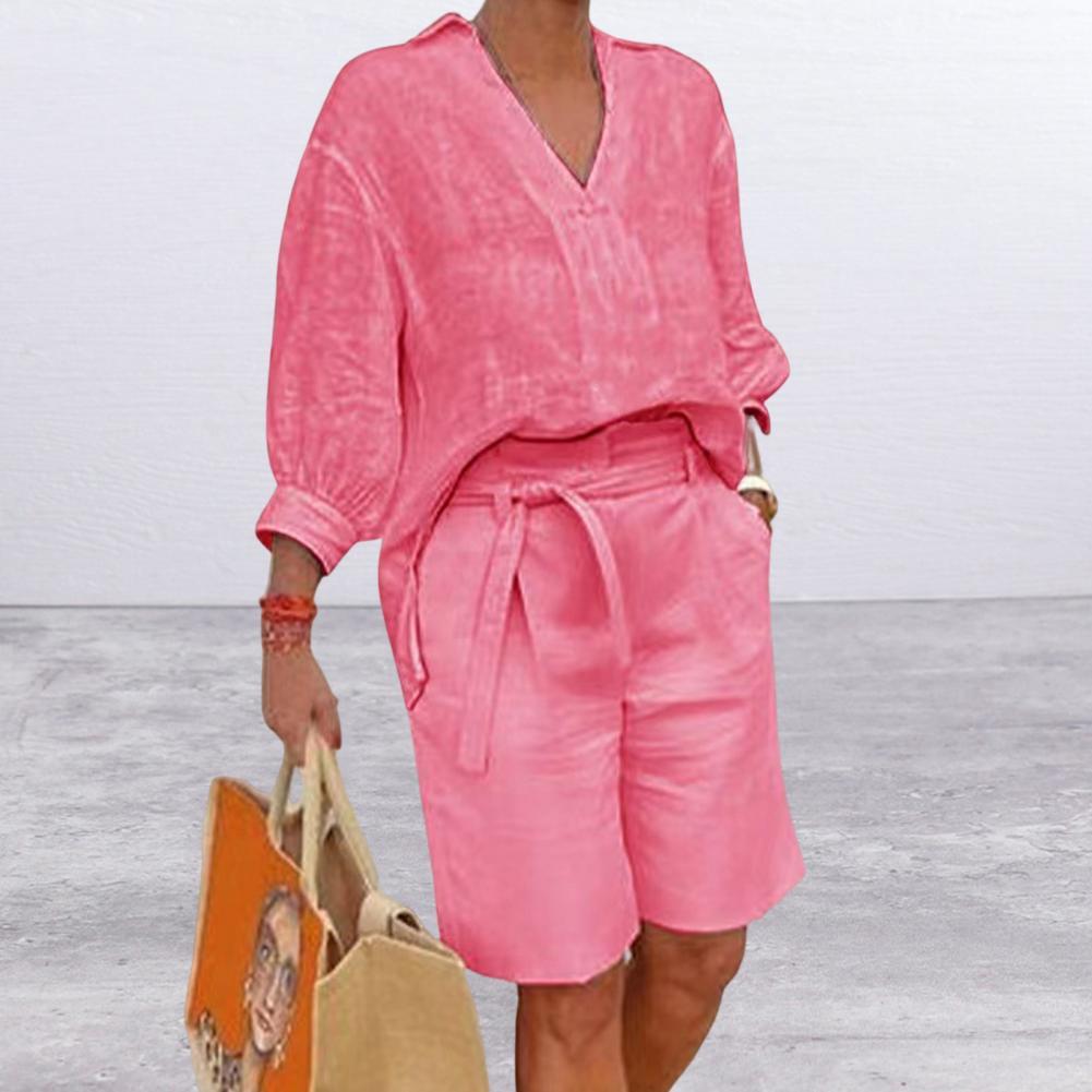 Women's Cotton Linen Half Sleeve Top and Capri Pants Two-Piece Casual Set