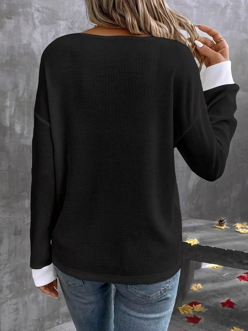 Sarah Express Women's Plus Size V-Neck Long Sleeve Waffle Knit T-Shirt