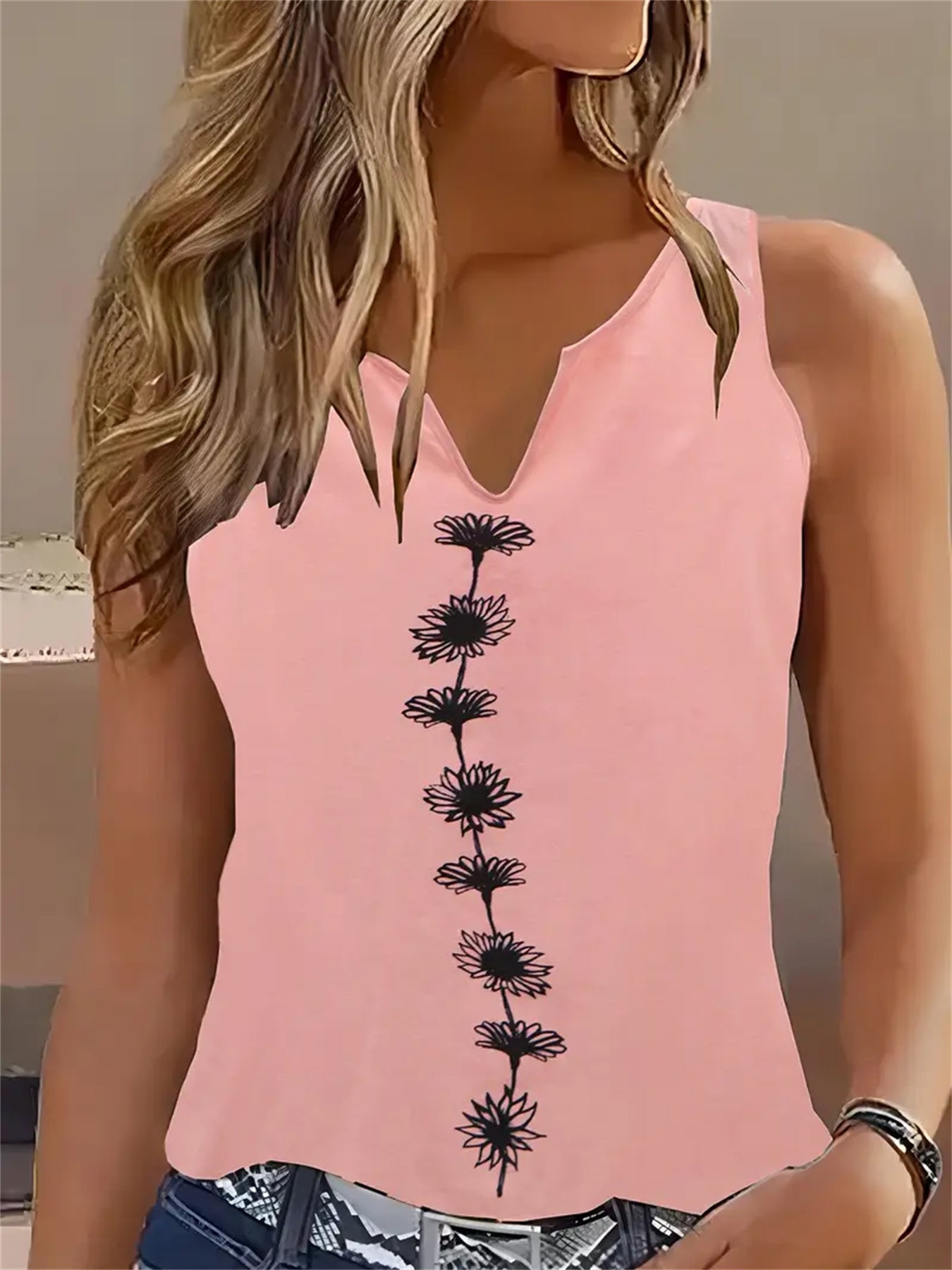 Women's Floral Print Tank Top Notch Neck Sleeveless Summer Casual Top