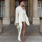 V-Neck Lace-Up Satin A-Line Dress Long Sleeve