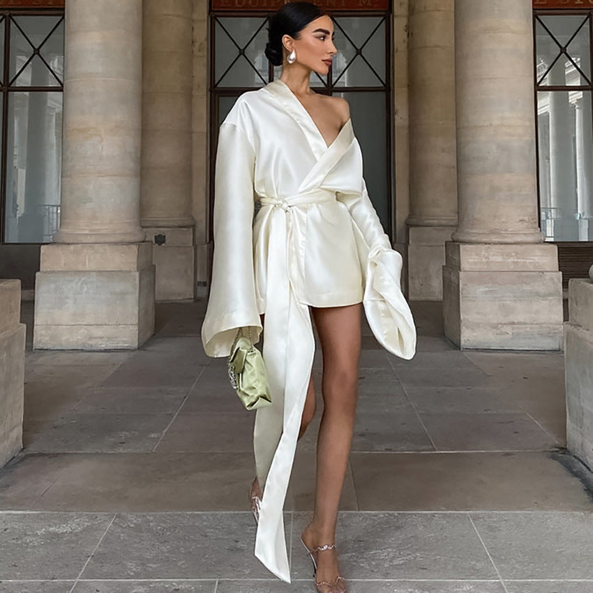 V-Neck Lace-Up Satin A-Line Dress Long Sleeve