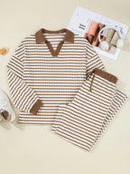 Sarah Express Women's Stripe Collared Top and Drawstring Pant Set