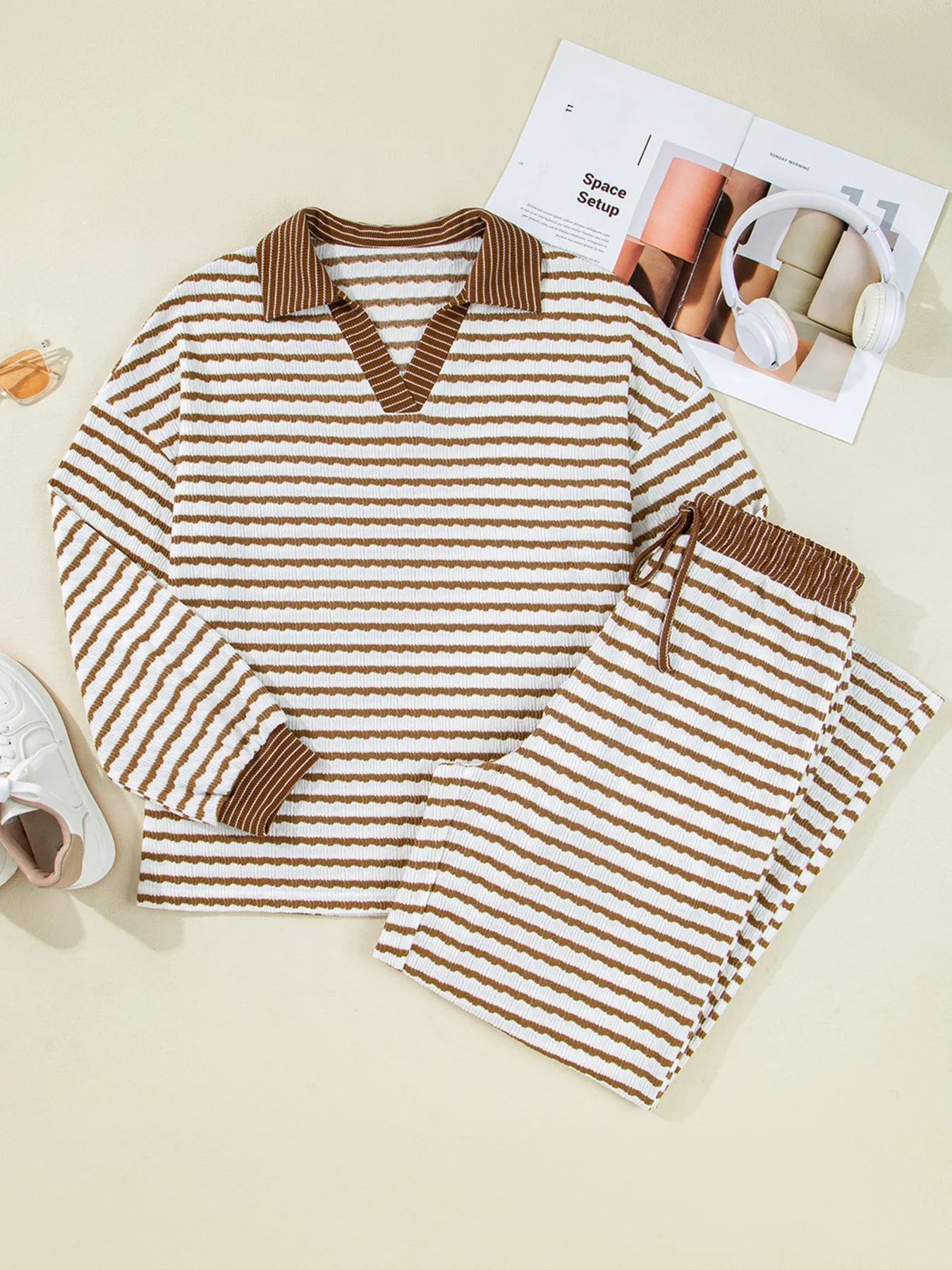 Sarah Express Women's Stripe Collared Top and Drawstring Pant Set