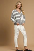 Sarah Express Women’s Stripe Cable-Knit Button-Up Cardigan Casual Fall Winter