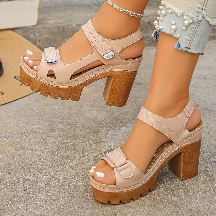 Sarah Express Women's Thick Sole High Heel Sandals | Single Strap Buckle Summer Shoes Khaki