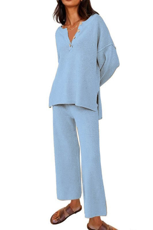 Sarah Express Women's Two-Piece Leisure Set Long Sleeve Top and Pants Casual Suit Gray Blue