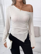 Sarah Express Women's Ribbed One Shoulder Asymmetrical Hem T-Shirt