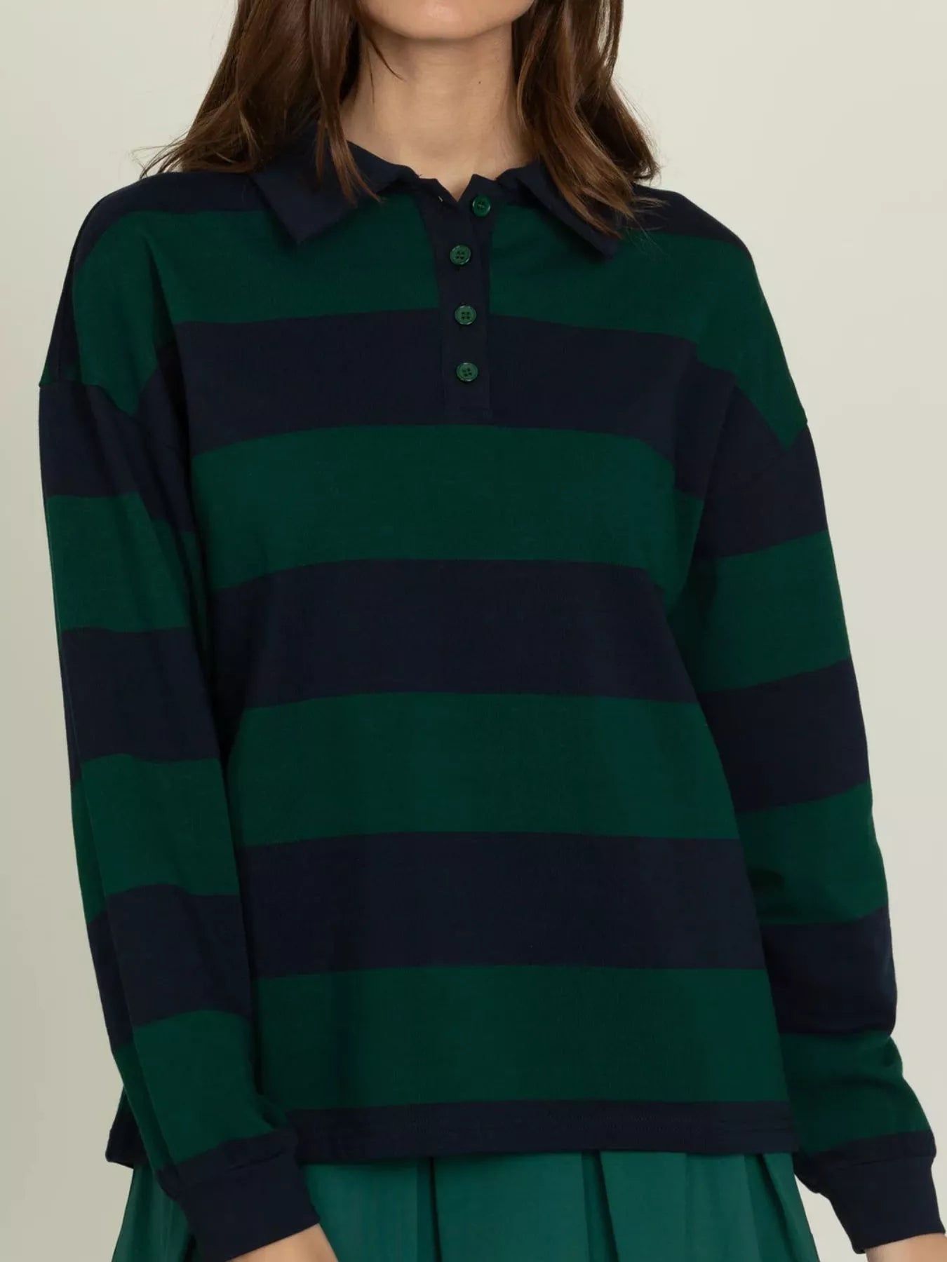 Sarah Express Women's Striped Polo Collar Sweatshirt with Button Details Black Forest