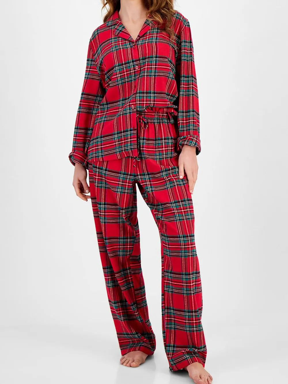 Sarah Express Women's Plaid Collared Neck Button Up Top and Pants Lounge Set Deep Red