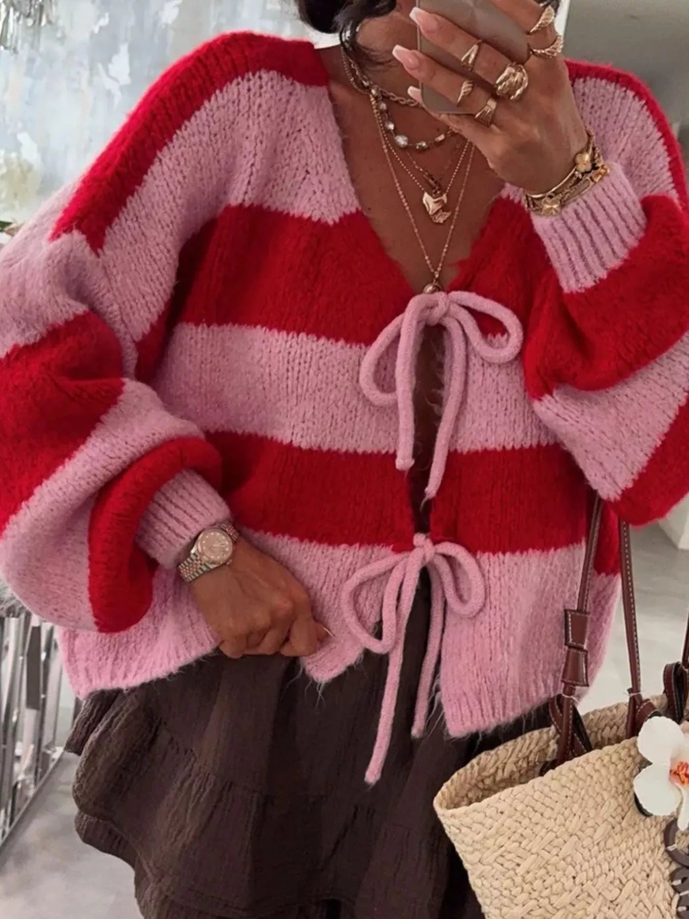 Sarah Express Women's Striped Tie-Front Knit Cardigan Hot Pink