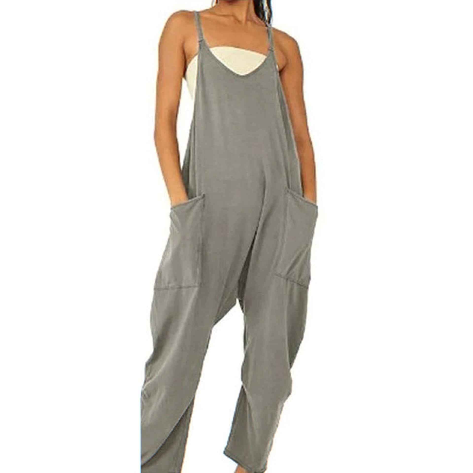 Women's Knitted Spaghetti Strap Jumpsuit - Loose Fit Wide Leg Overalls with Pockets