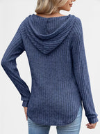 Sarah Express Women's Ribbed Knit Button Detail Hooded Top