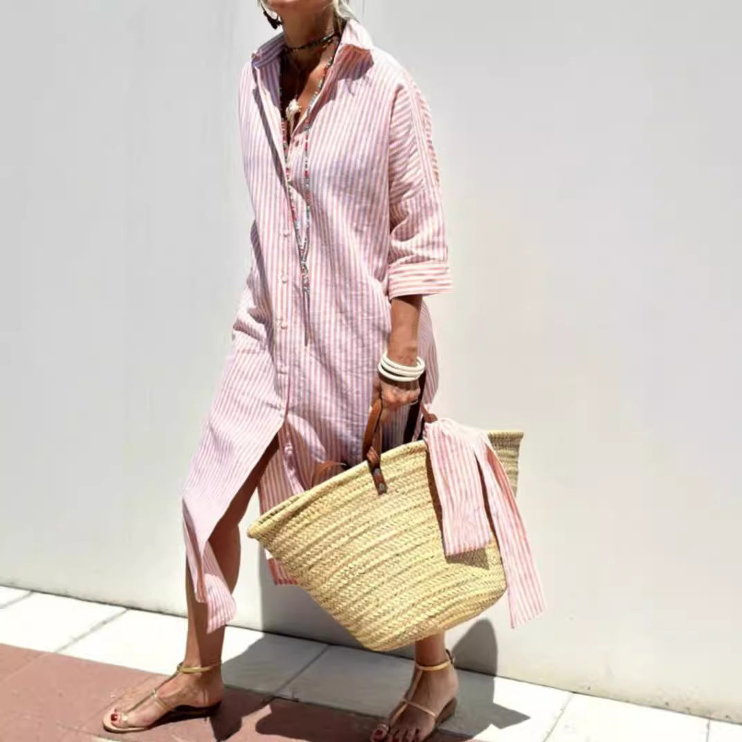 Women's Striped Shirt Dress Button Front Maxi with Belt