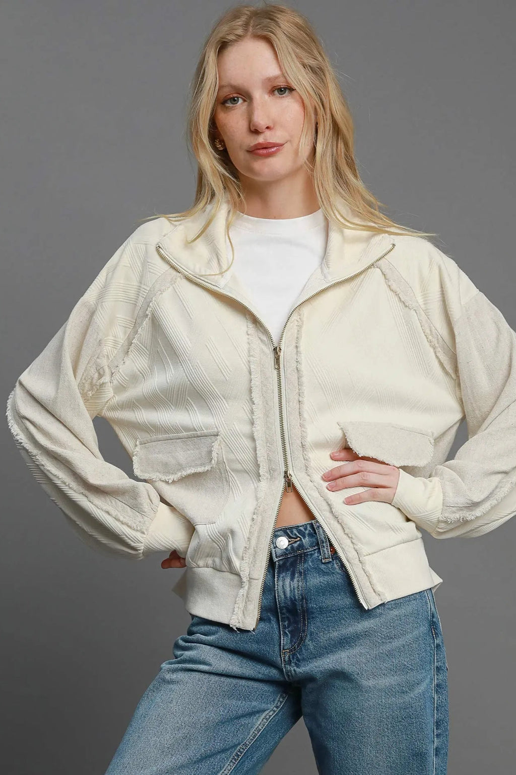 Sarah Express Women’s Linen Blend Jacquard Jacket with Two-Way Zipper