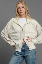 Sarah Express Women’s Linen Blend Jacquard Jacket with Two-Way Zipper