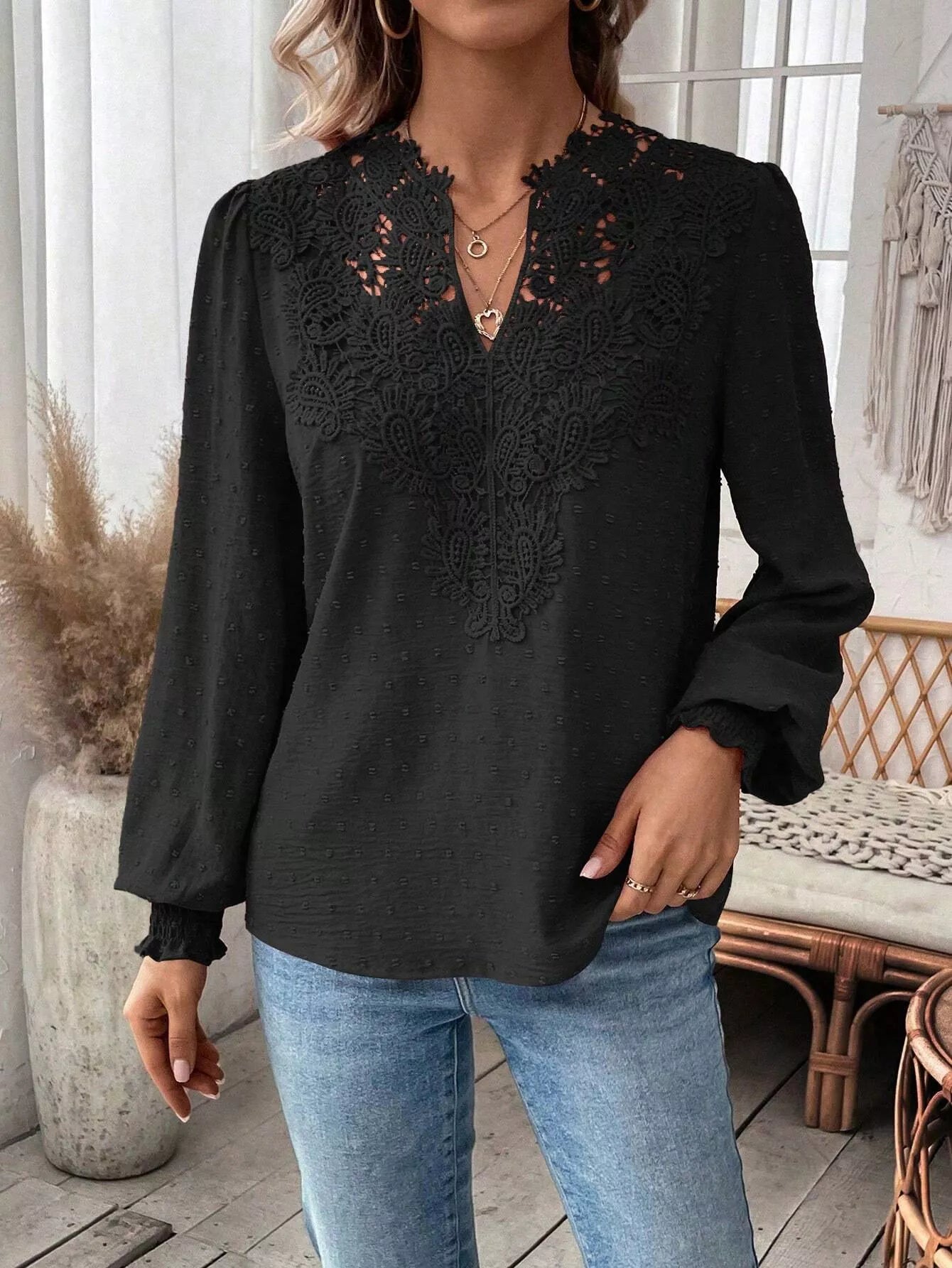 Sarah Express Women's Swiss Dot Lace Detail Long Sleeve Blouse