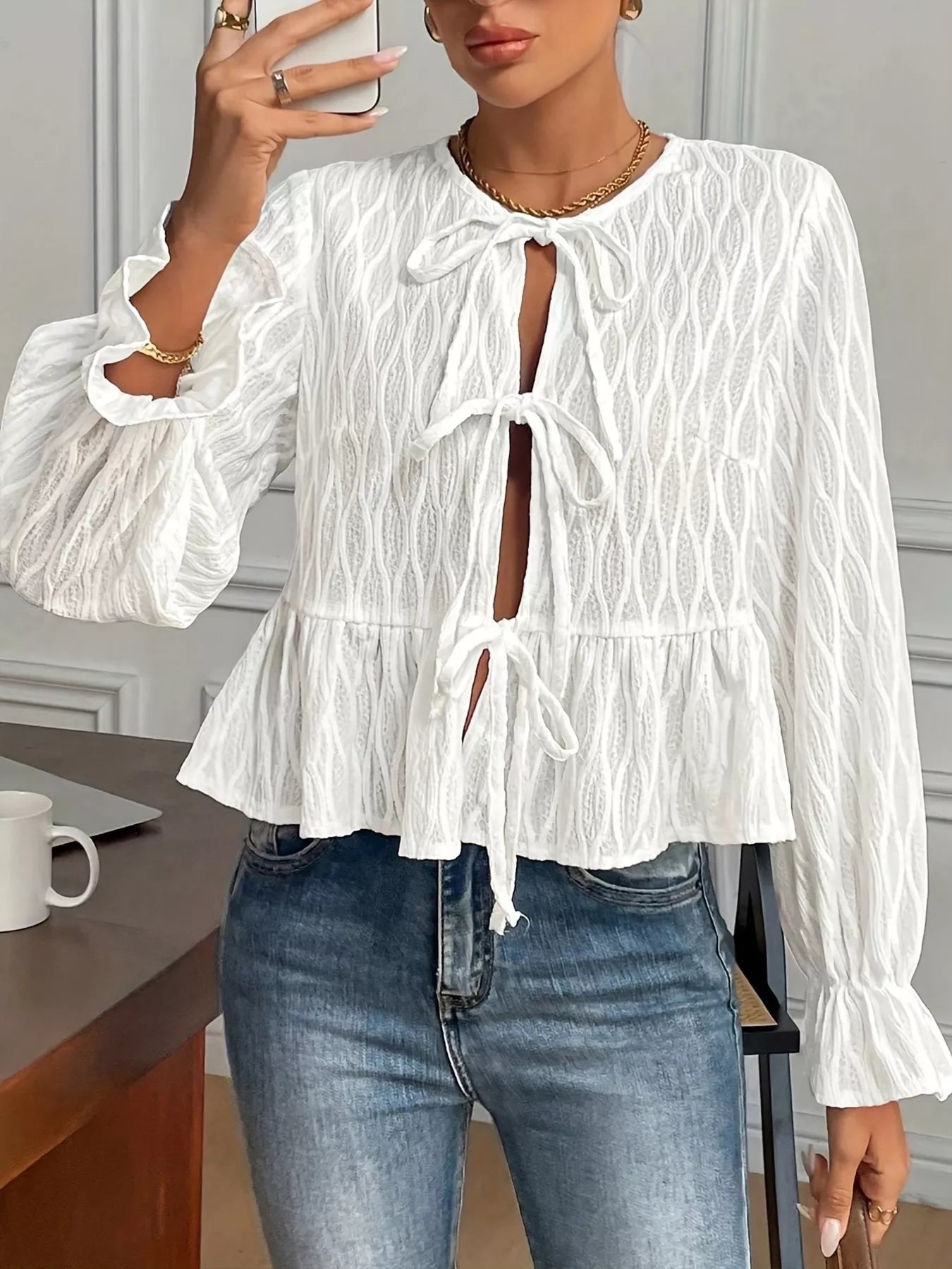 Sarah Express Women's Tie Front Flounce Sleeve Blouse