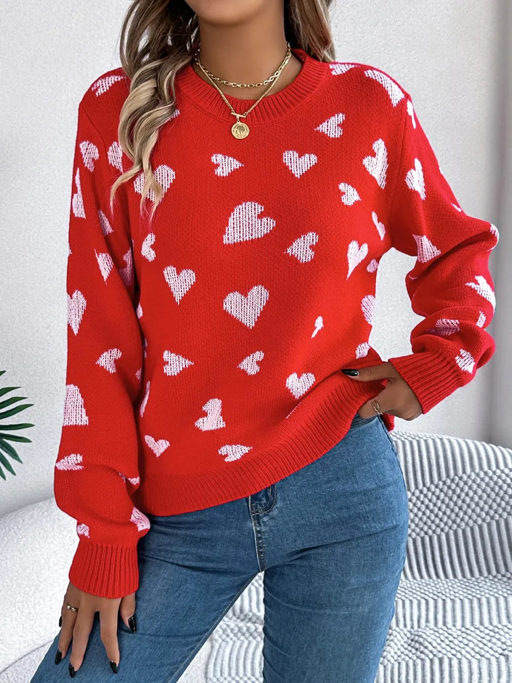 Sarah Express Women's Heart Round Neck Long Sleeve Sweater