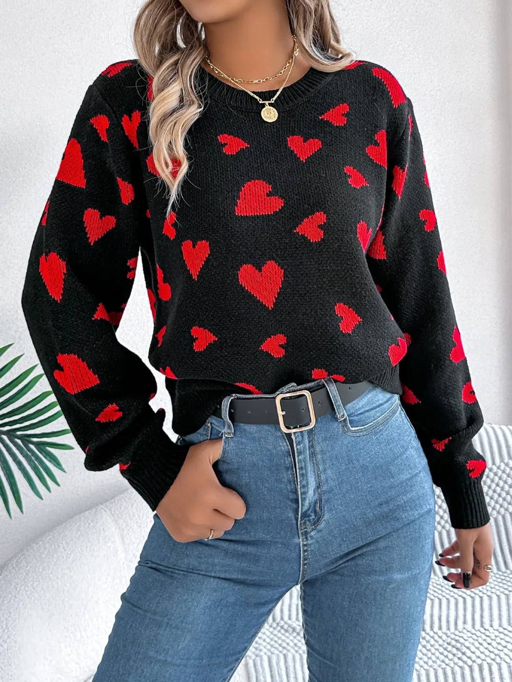 Sarah Express Women's Heart Round Neck Long Sleeve Sweater