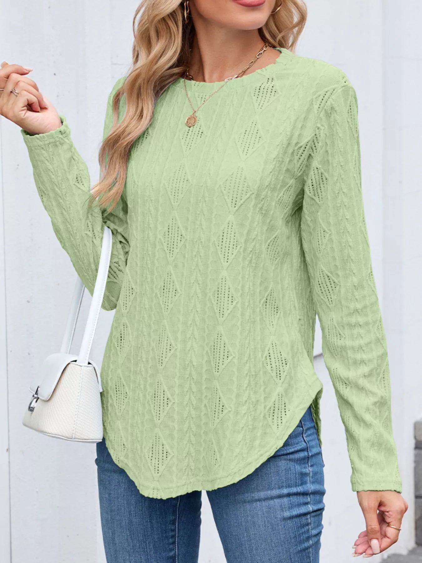 Sarah Express Women's Openwork Textured Long Sleeve Top Fluorescent Green