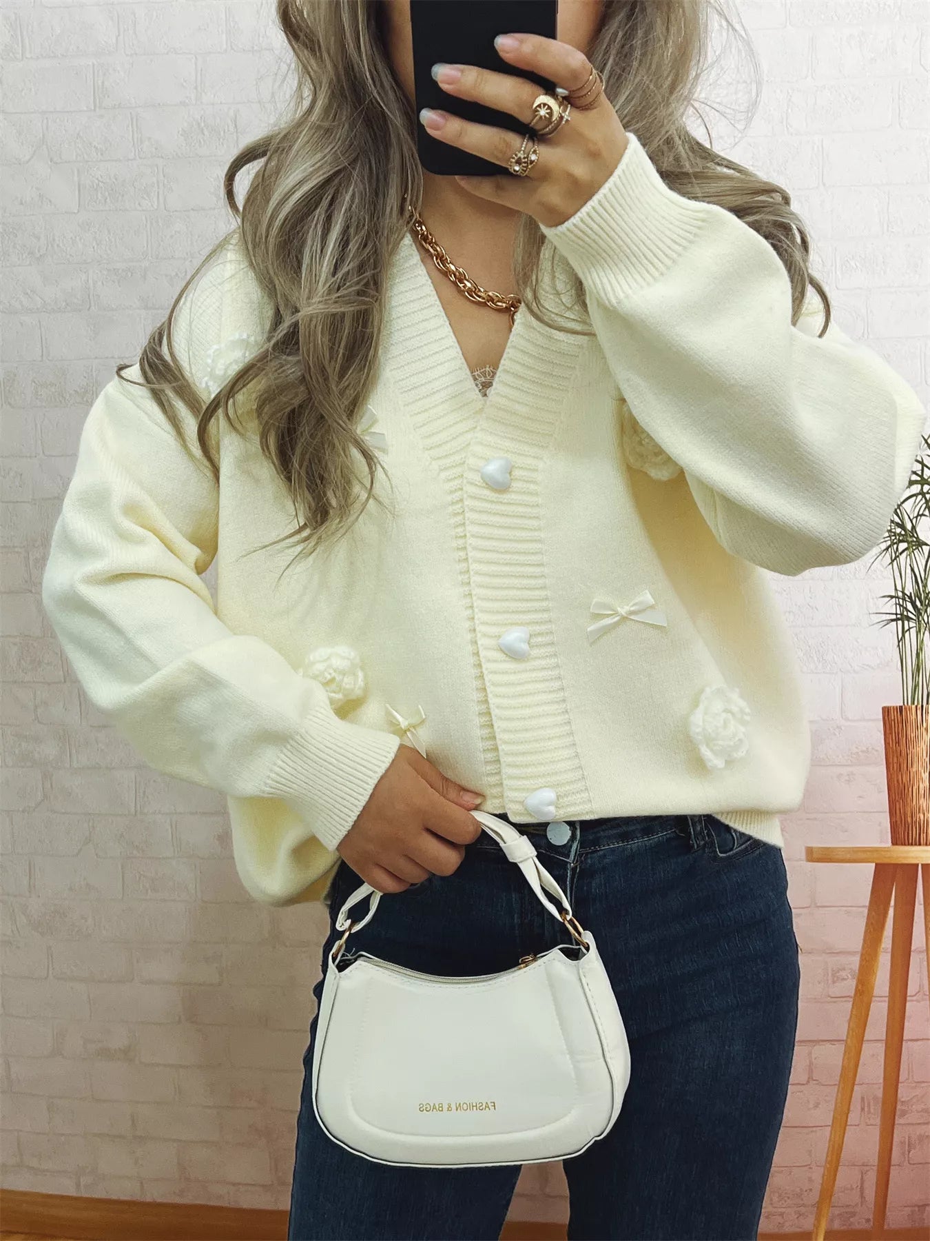 Sarah Express Women's Flower Heart Button Long Sleeve Cardigan Gray white One Size