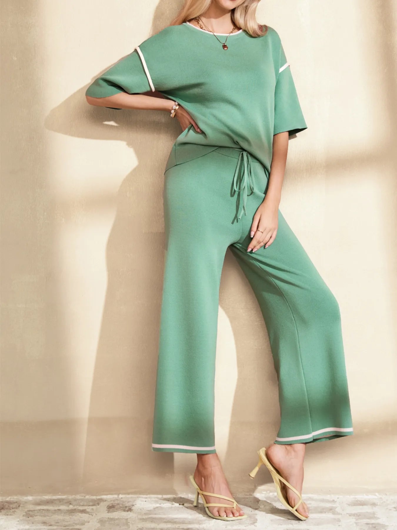 Sarah Express Women's Contrast Trim T-Shirt and Drawstring Pants Set