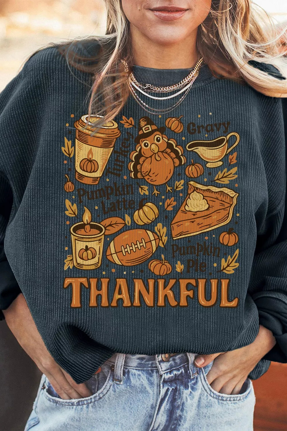 Sarah Express Women's Thankful Thanksgiving Graphic Long Sleeve Sweatshirt