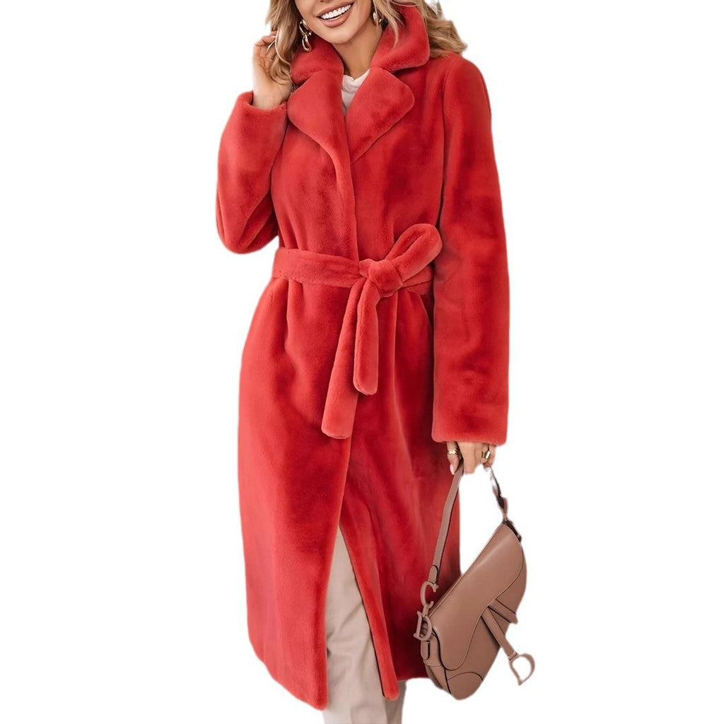 Lace-Up Plush Long Coat Turn-Down Collar Outerwear