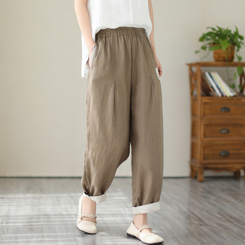 Women's High Waist Cropped Pants Loose Fit Cotton Linen - Casual Plus Size Ankle Length