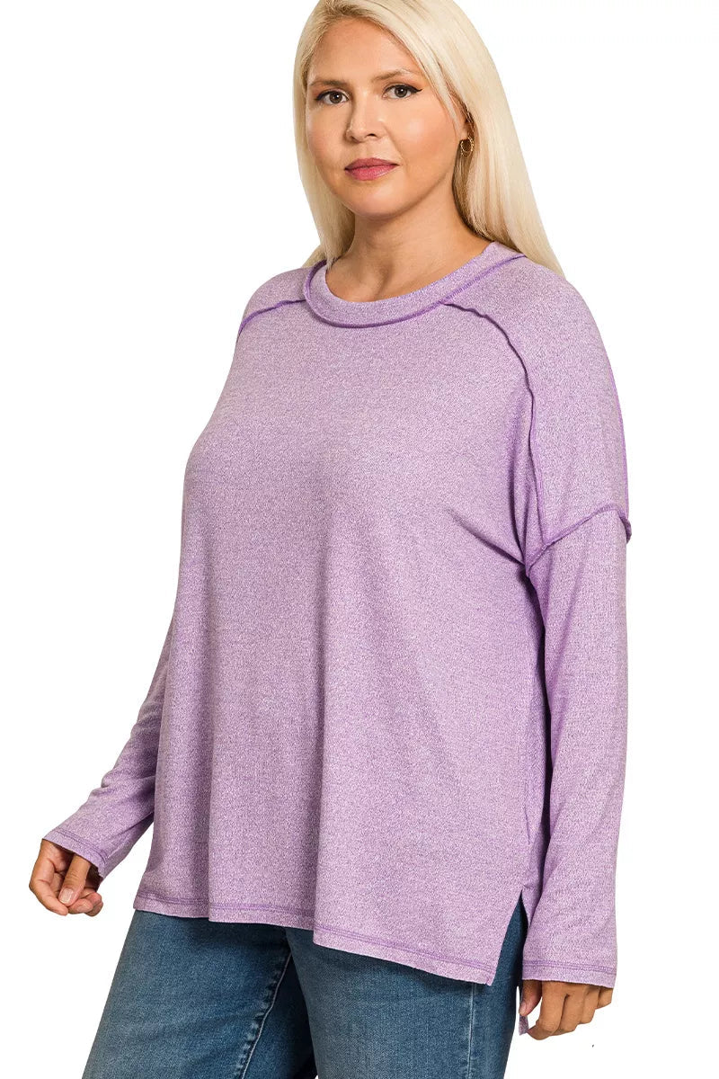 Sarah Express Women’s Plus Size Melange Hacci Tee with Exposed Seam Hi-Low Hem
