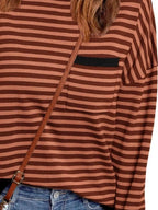 Sarah Express Women's Striped Round Neck Long Sleeve Knit Top with Pockets