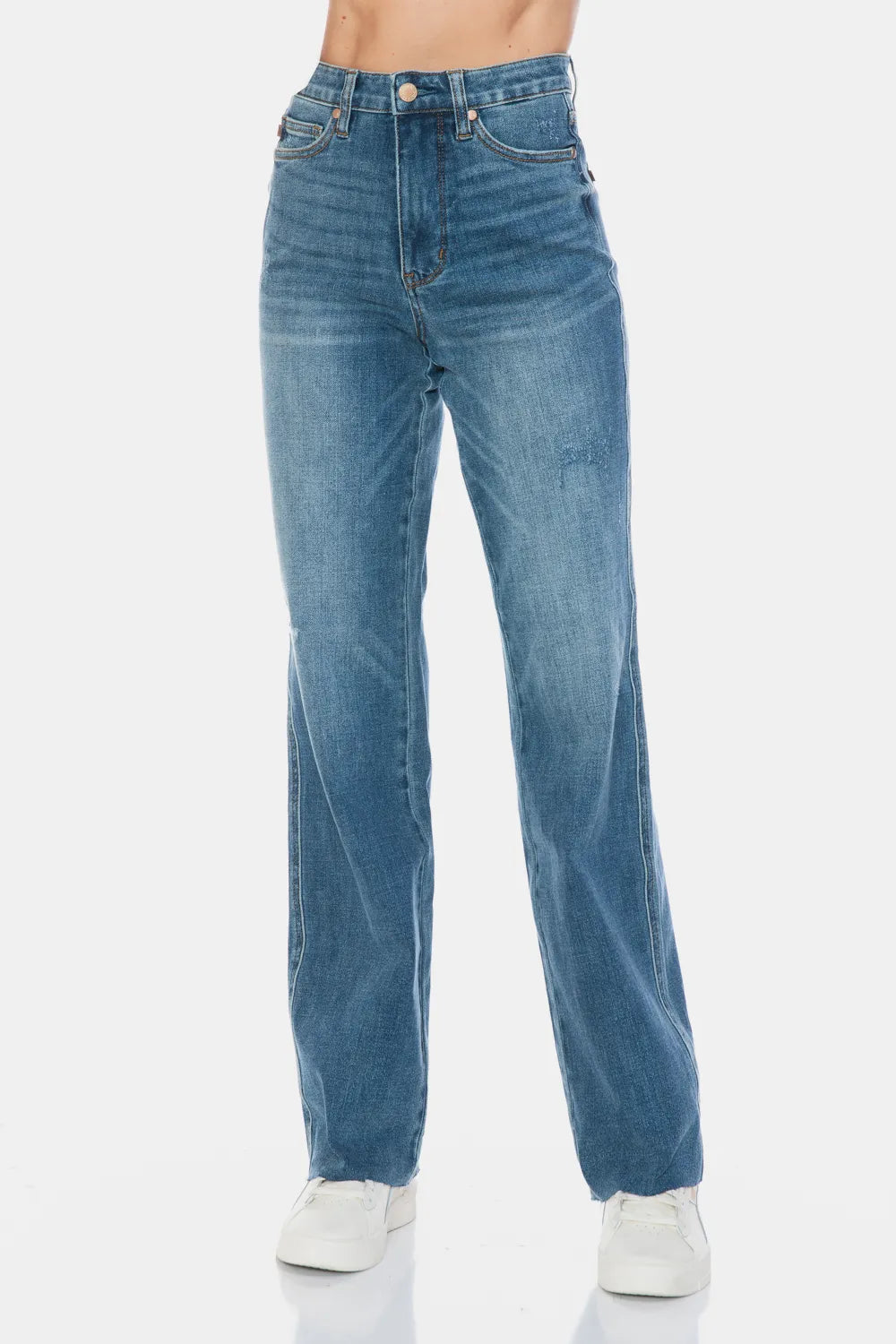 Full Size Tummy Control Cut Raw Hem Straight Jeans