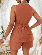 Cotton Linen Two-Piece Set Lace-Up Short Sleeve Top Shorts