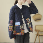 Women's Vintage Patch Cardigan Jacket Cotton-Padded Buckle Closure Rhombus Pattern Coat