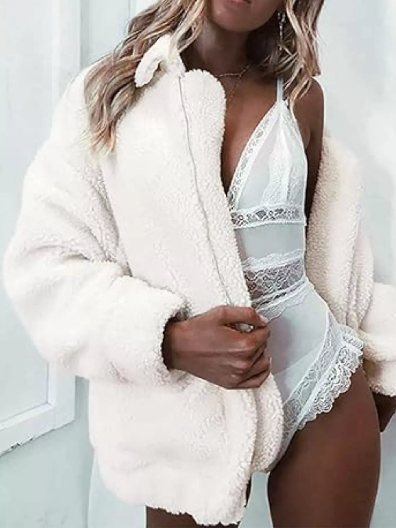 Sarah Express Women's Cozy Fleece Zip Up Jacket Plus Size White