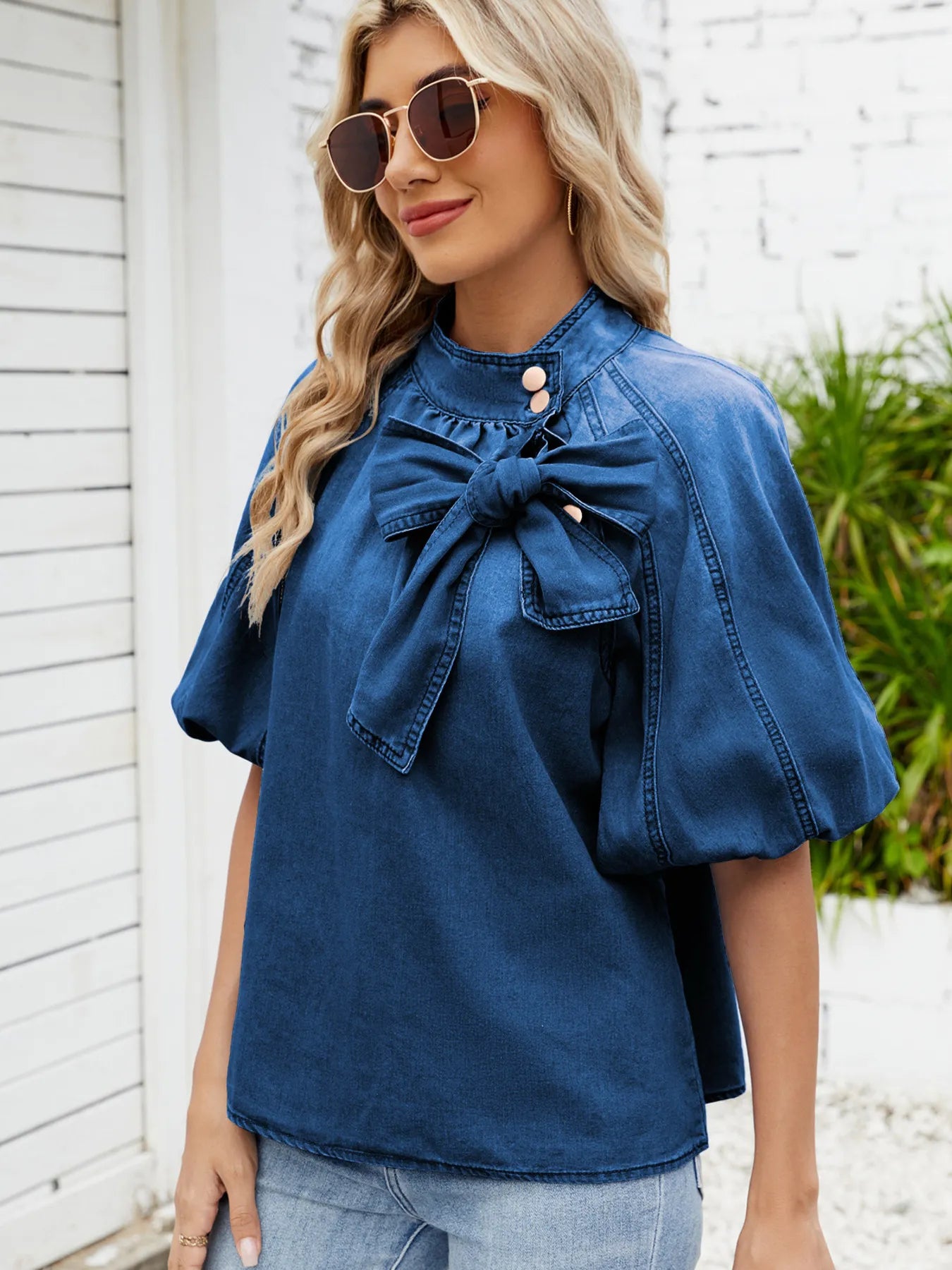 Sarah Express Women's Denim Bow Tie Puff Sleeve Button-Up Top