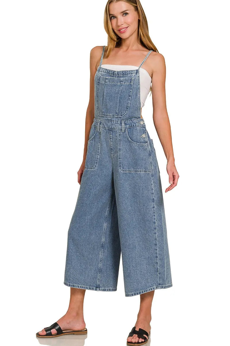 Sarah Express Women's Wide Leg Denim Overalls - Medium Wash Cotton for Casual & Weekend