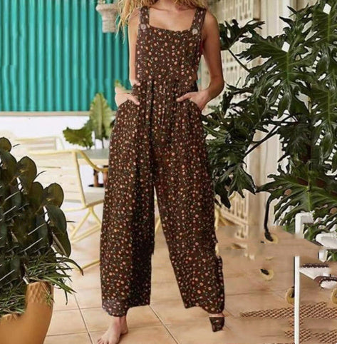 Women's Patchwork Printed Button Suspender Jumpsuit Loose Fit Cotton Blend Casual Overall
