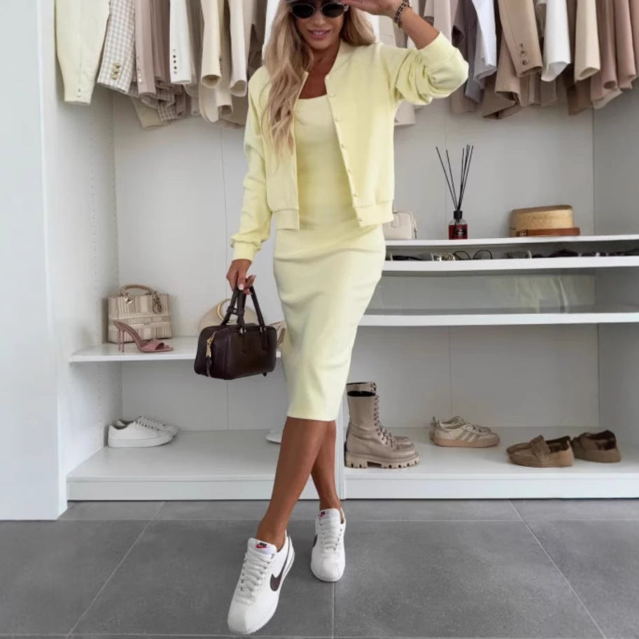 Women's Slip Dress and Cardigan Two Piece Set Long Sleeve Korean Casual Style