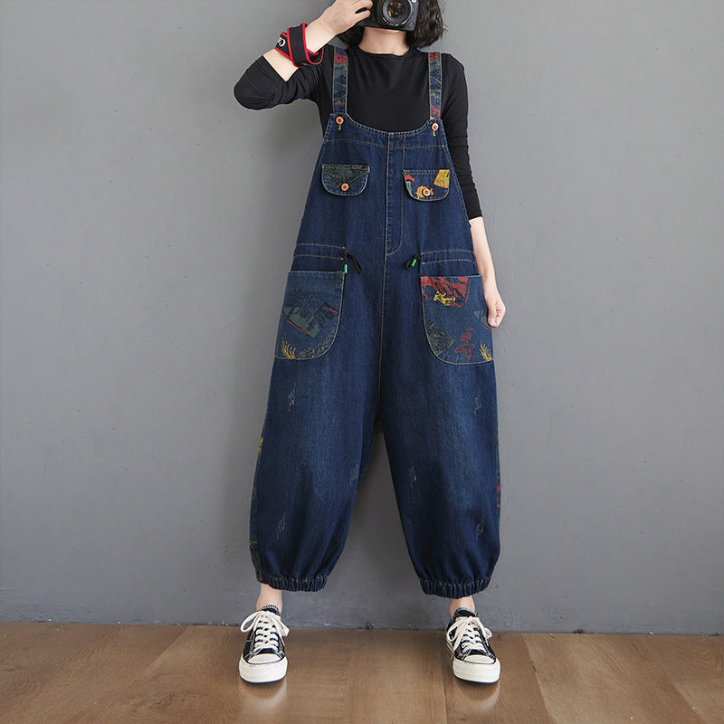 Floral Print Denim Overalls Plus Size Suspender Jeans Cropped