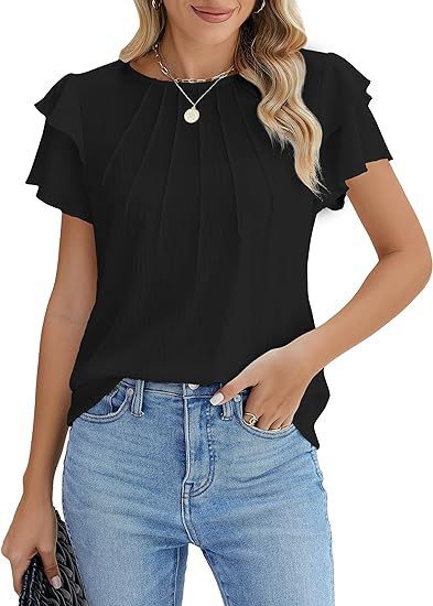 Women's Pleated Round Neck Blouse Short Sleeve Professional Work Top