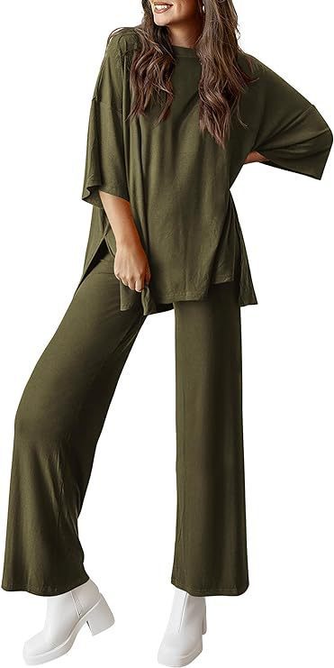 Two Piece Pullover Top Wide Leg Pants Set Polyester