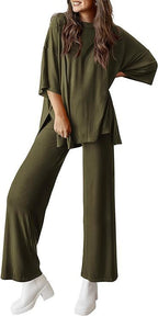 Two Piece Pullover Top Wide Leg Pants Set Polyester